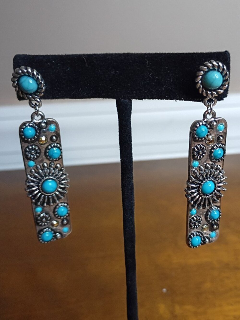 Western Turquoise Dangle Earrings Silver Boho Cowgirl Statement Jewelry